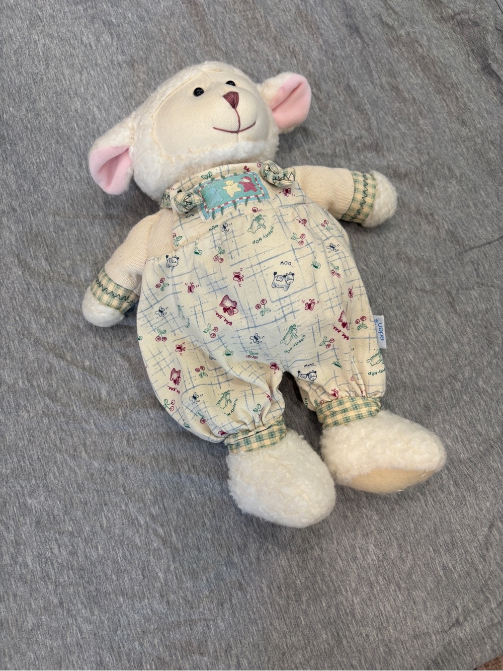Vintage Eden Way Back When Lamb 14" Plushie w/ Illustrated Tee & Overalls EUC - Picture 2 of 10